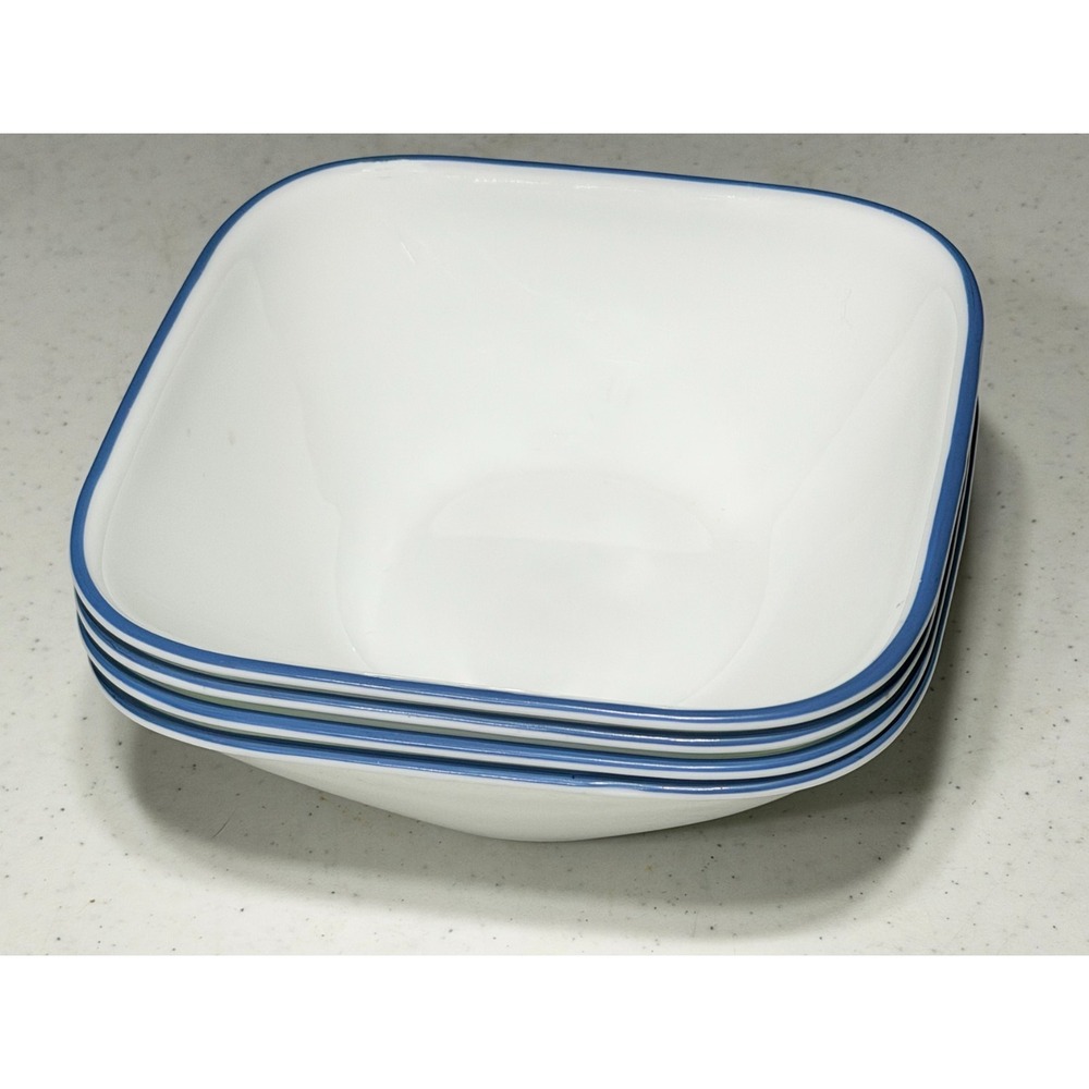 Vintage Corelle Square Bowls White with Cobalt Blue Rim Set 4 Cereal 6.375"x2"